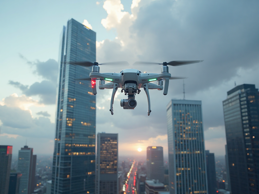 Drone hovering above a tall commercial building performing exterior washing