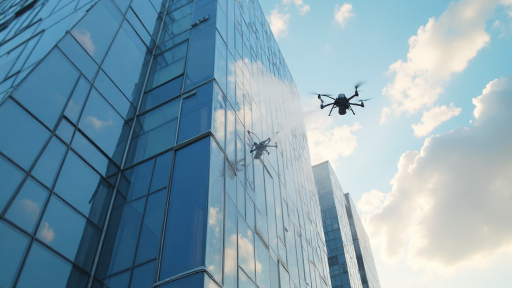 Commercial high-rise building being washed by drone