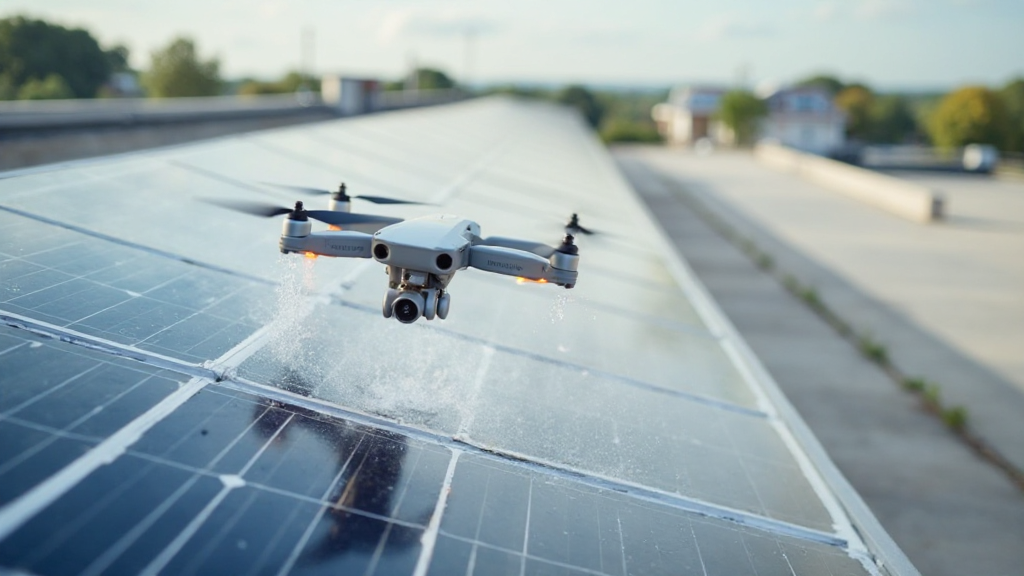 Drone washing solar panels on a large commercial installation