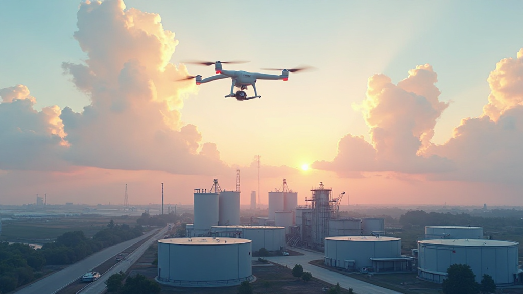 Drone inspecting industrial facility exterior from above