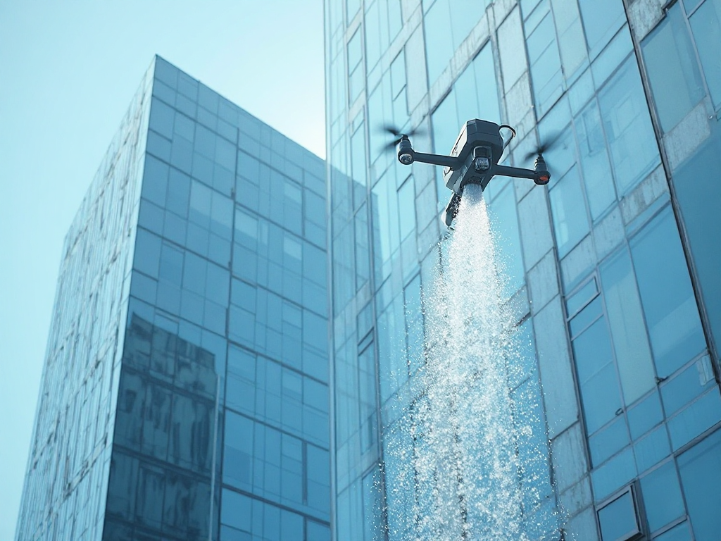 Drone washing high-rise building facade